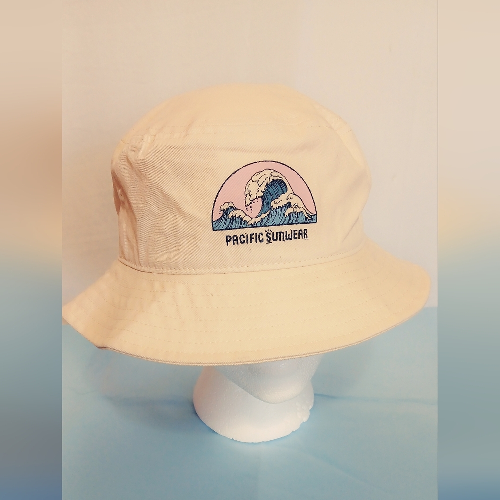 Pacific Sunwear Cream Bucket Hat with Wave Design